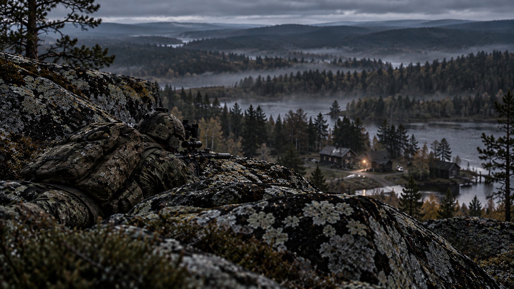 En soldat i skyddad spaningsposition över skog och sjö